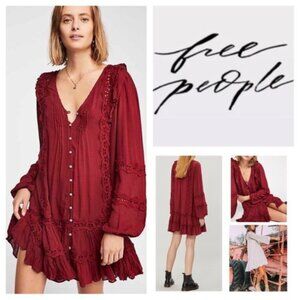 FREE PEOPLE Snow Angel Ruffle Dress in Maroon Wine Red Sz XS Boho Relaxed Fit